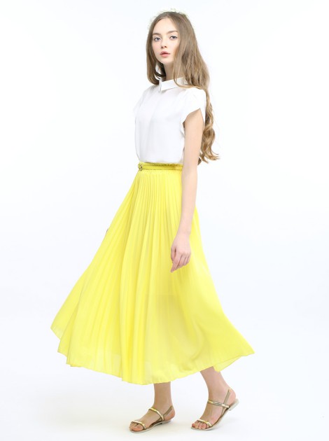 法式雪紡百摺裙(附皮帶)-淺黃