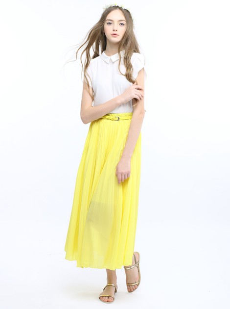 法式雪紡百摺裙(附皮帶)-淺黃