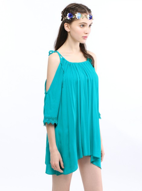 純棉涼爽罩衫洋裝-藍綠
