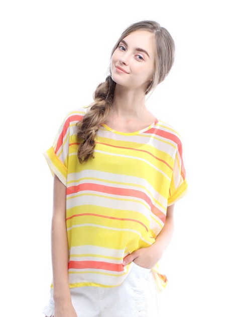 條紋雪紡修身上衣-黃