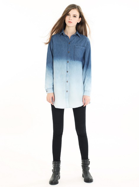 雙穿漸層牛仔長版襯衫-藍