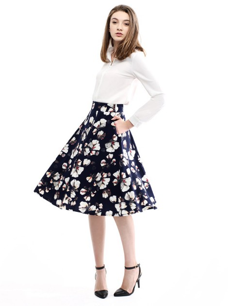 花卉修身口袋大圓裙-深藍