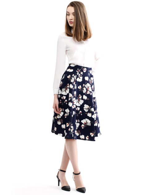 花卉修身口袋大圓裙-深藍