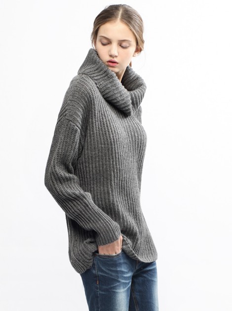 寬鬆高領長版毛衣-深灰