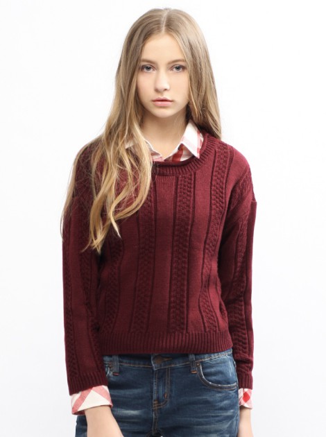 麻花針織毛衣-暗紅