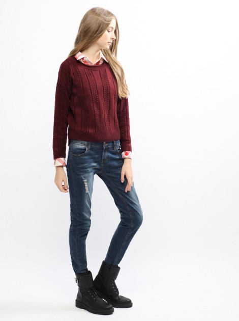 麻花針織毛衣-暗紅
