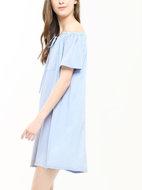 平口寬鬆綁帶洋裝-淺藍