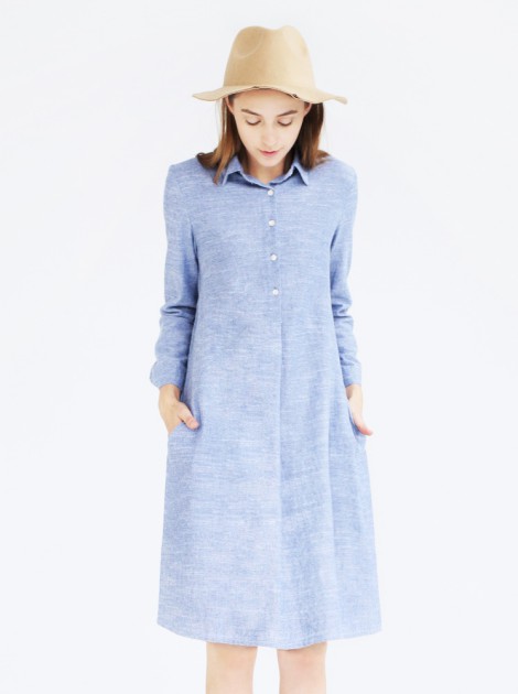 傘型純棉洋裝-藍