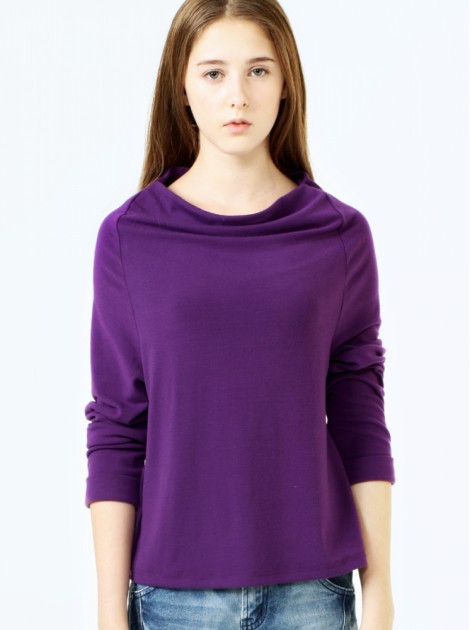 垂領連袖針織上衣-深紫