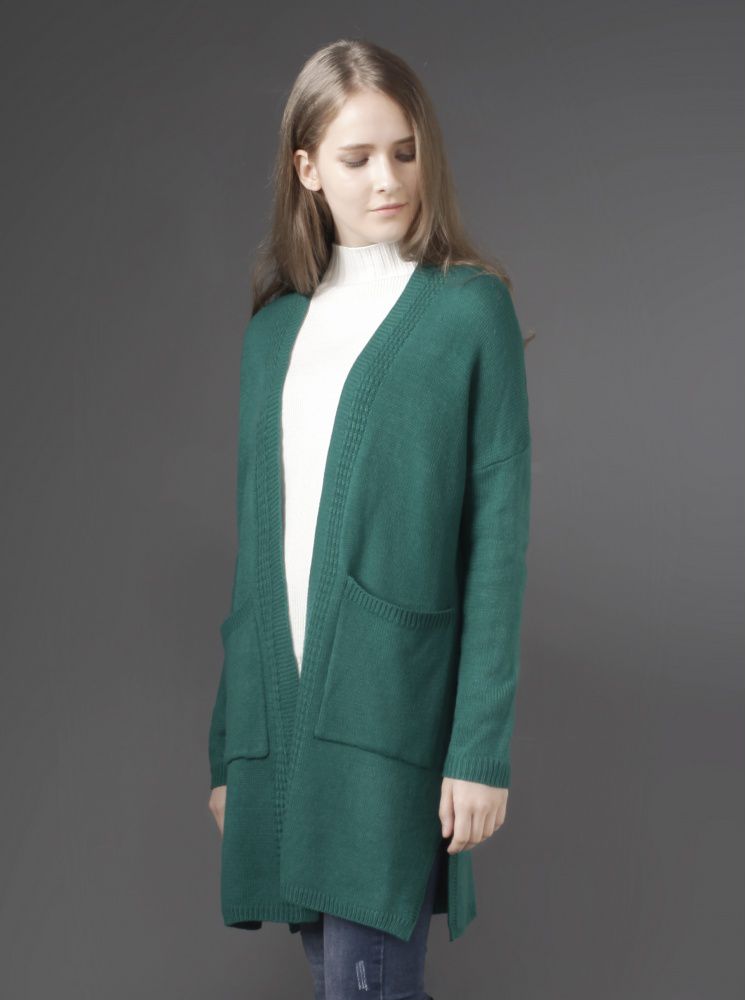 長版口袋針織外套-深綠