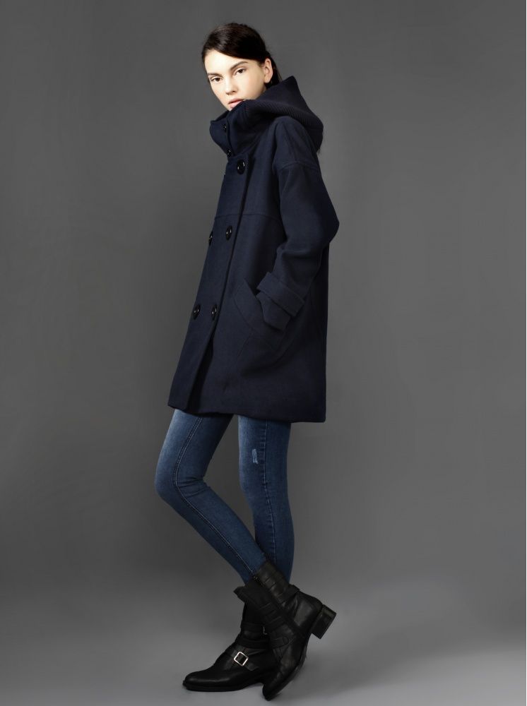 排扣繭型毛呢大衣(寬鬆版)-深藍(要銷毀)