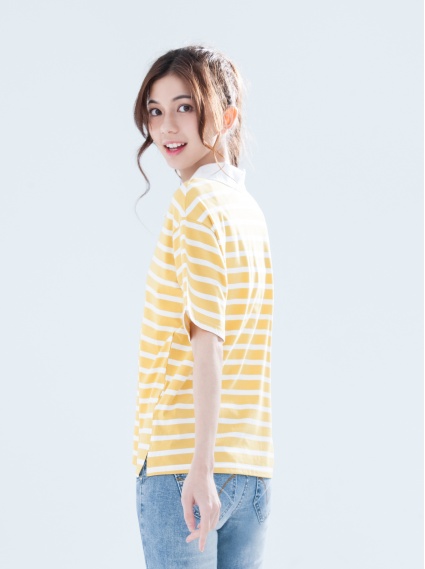 復古寬鬆條紋襯衫領上衣-黃