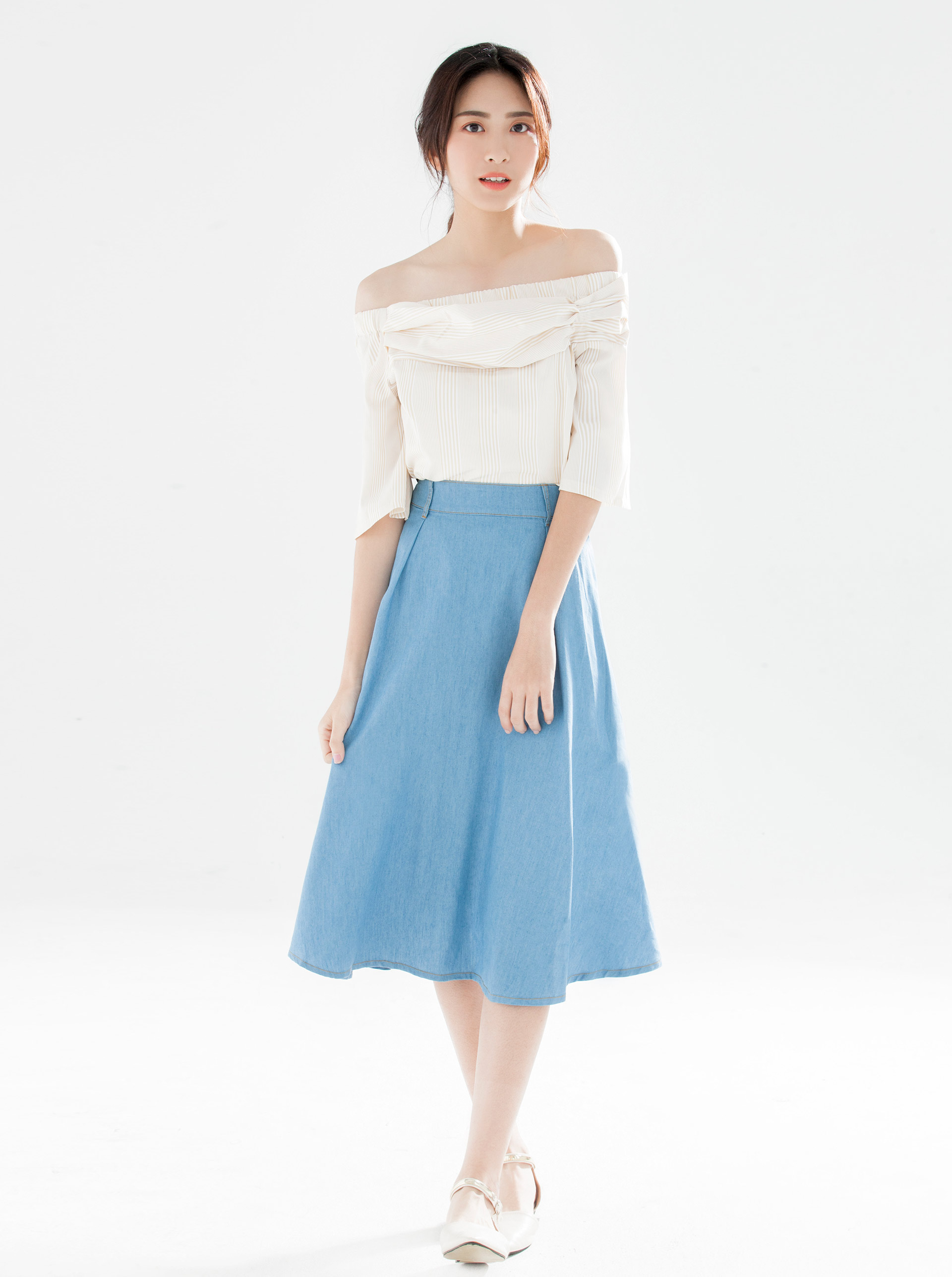 条纹宽袖一字领上衣-黄