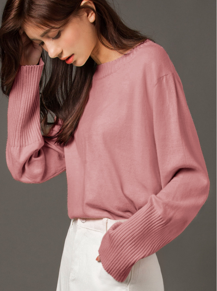 寬鬆圓領針織上衣-粉