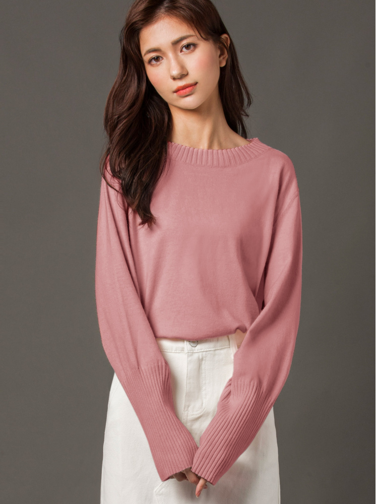 寬鬆圓領針織上衣-粉
