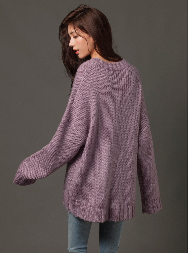 粗針織寬鬆毛衣-藕紫