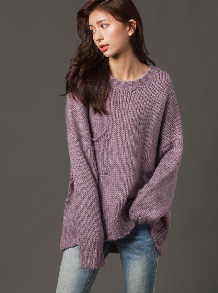 粗針織寬鬆毛衣-藕紫