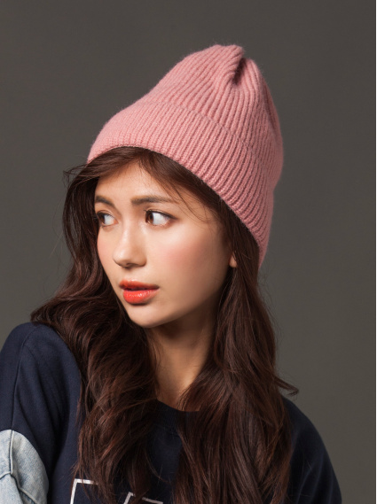 素色反折毛帽-粉