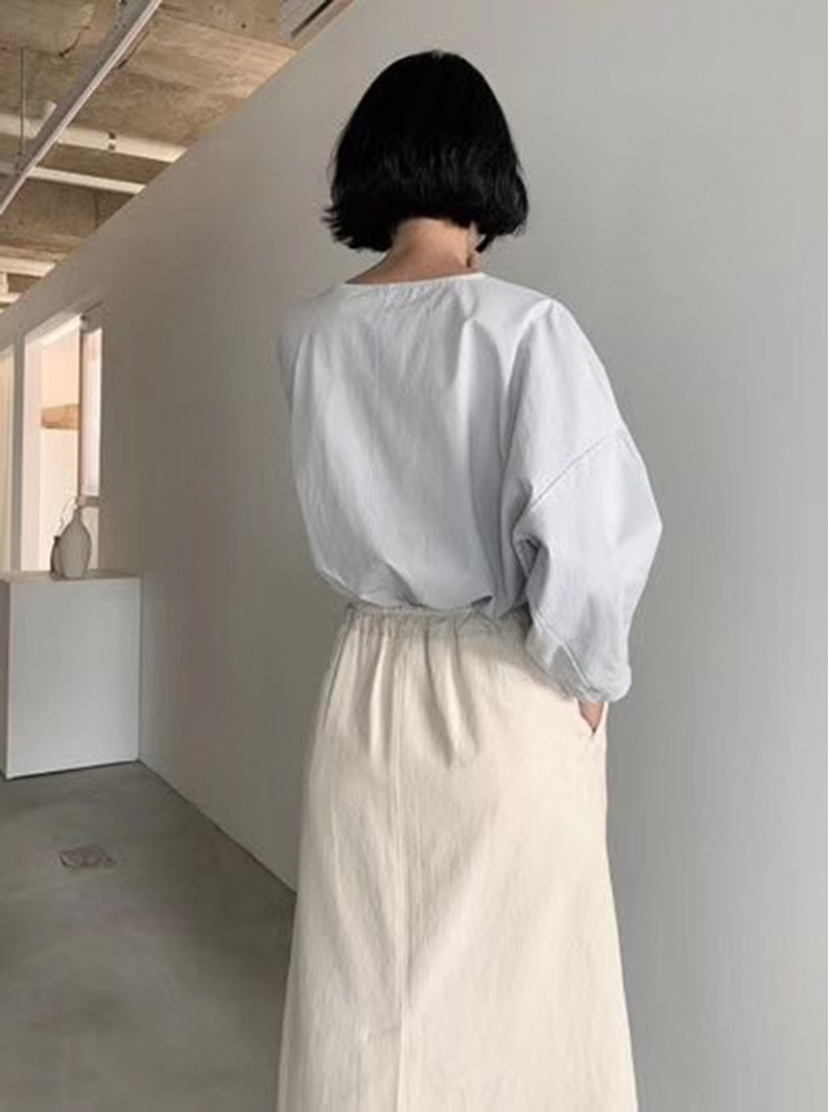 【正韓】簡約鬆緊綁帶純棉長裙-米白