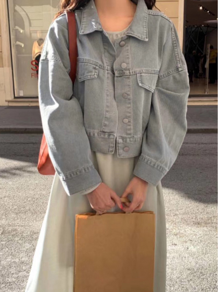 【正韓】寬鬆短版牛仔外套-灰