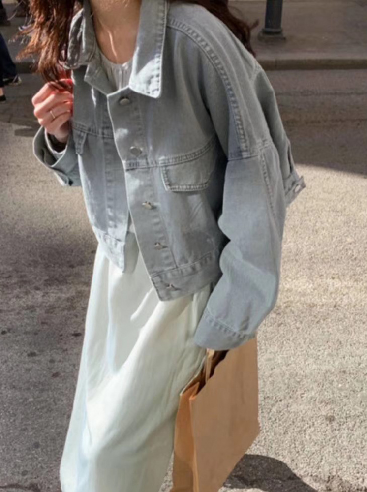 【正韓】寬鬆短版牛仔外套-灰