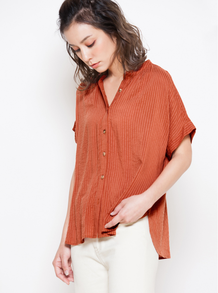 寬鬆簡約條紋棉襯衫-橘紅