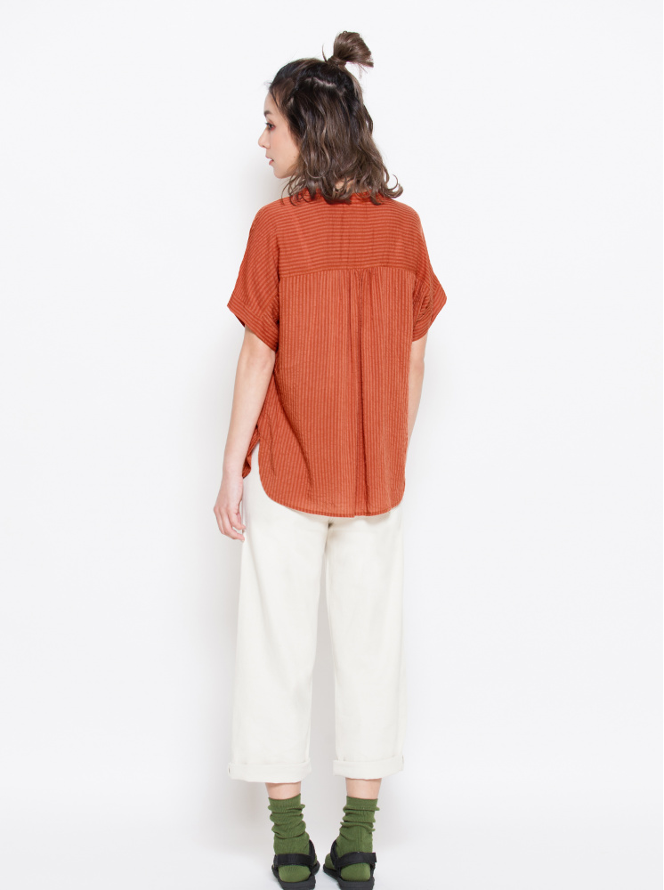 寬鬆簡約條紋棉襯衫-橘紅