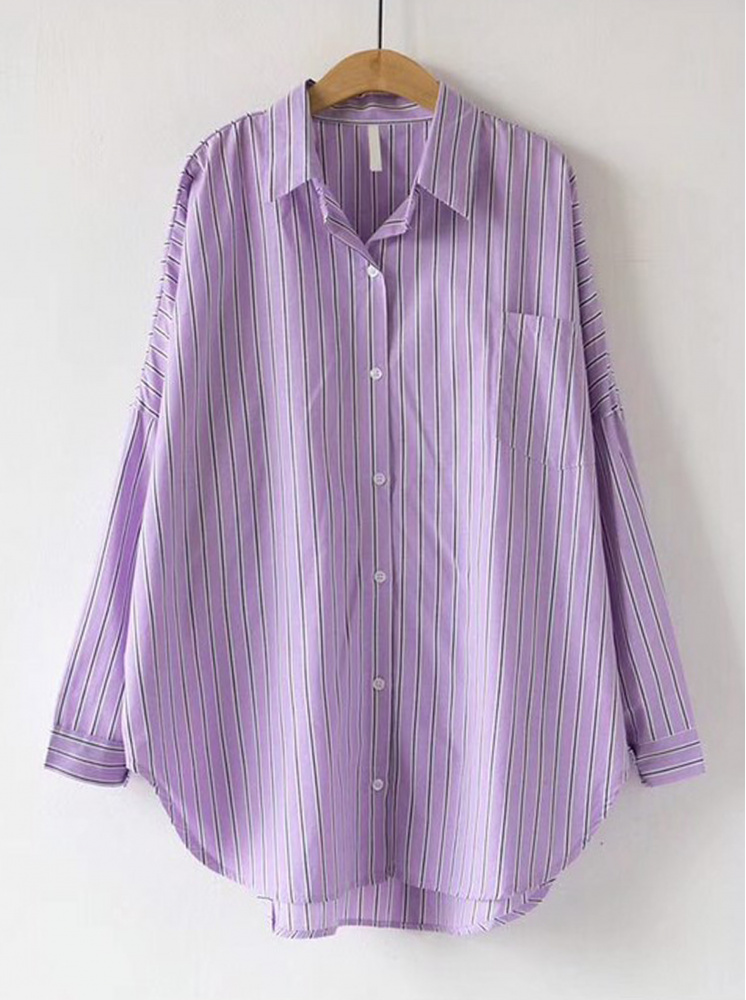 【正韓】落肩寬鬆條紋純棉襯衫-紫