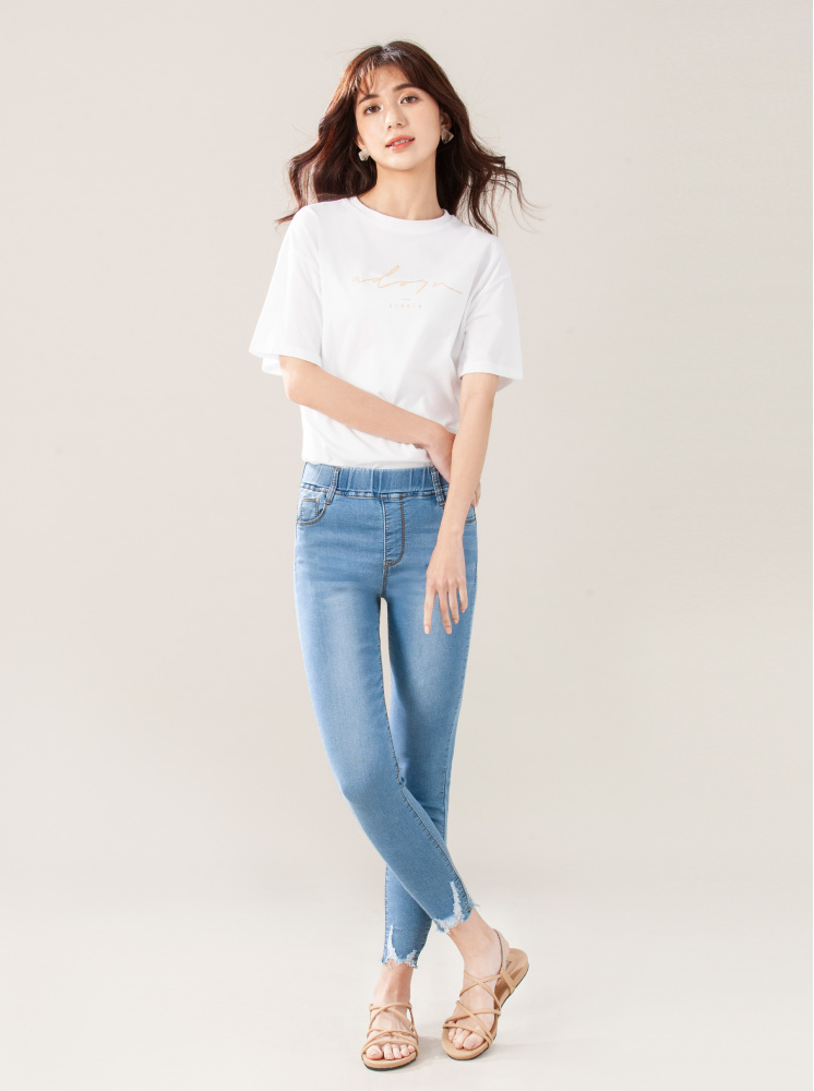 褲腳抓破彈力鬆緊牛仔褲-藍