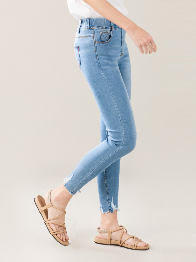 褲腳抓破彈力鬆緊牛仔褲-藍