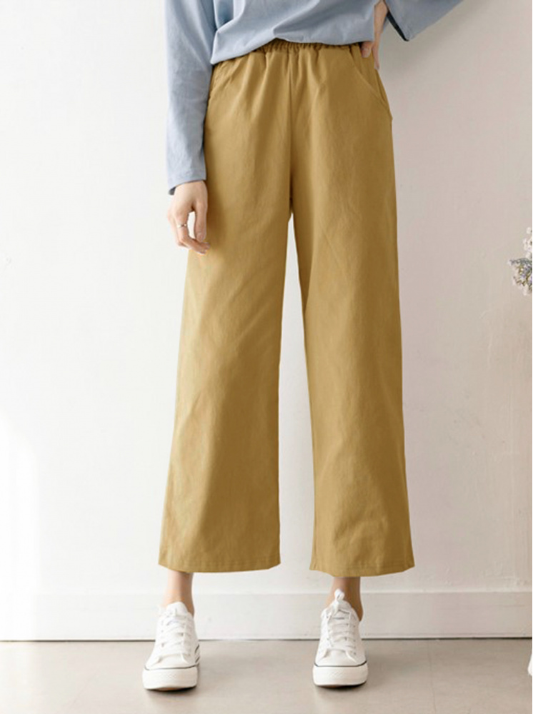 舒適純棉腰鬆緊直筒褲-卡其