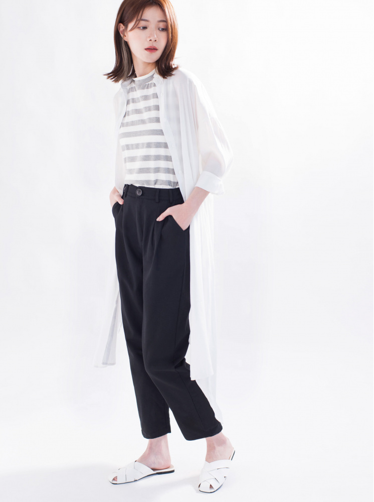 後鬆緊打褶棉質老爺褲-黑