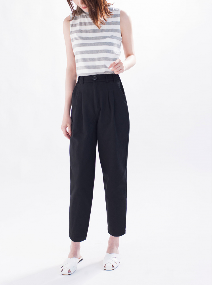 後鬆緊打褶棉質老爺褲-黑