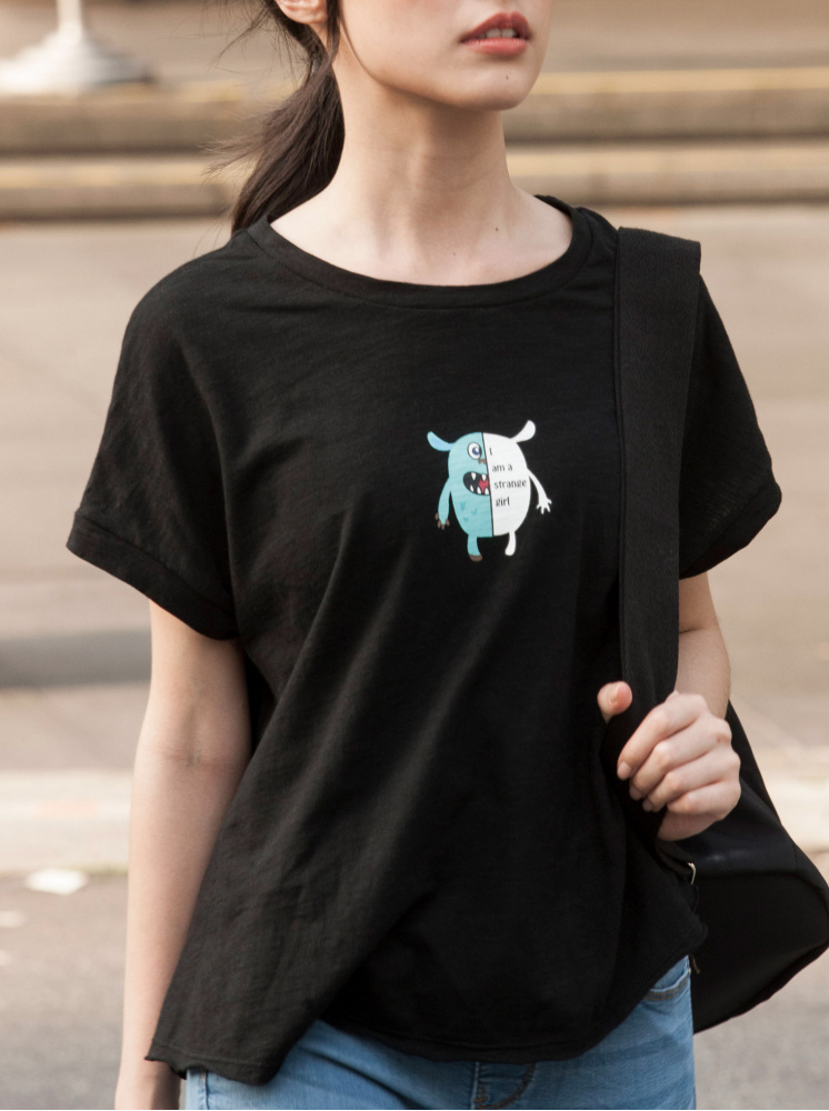 怪獸來襲印花連袖竹節上衣-黑