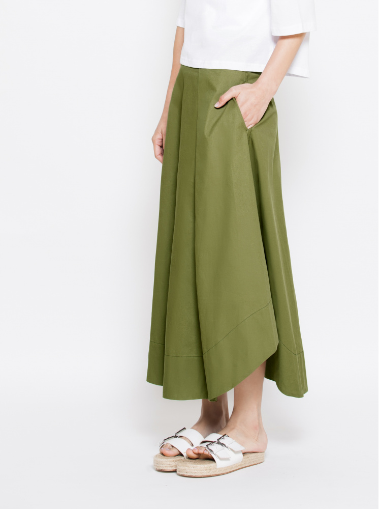 純棉高腰打褶圓裙-綠