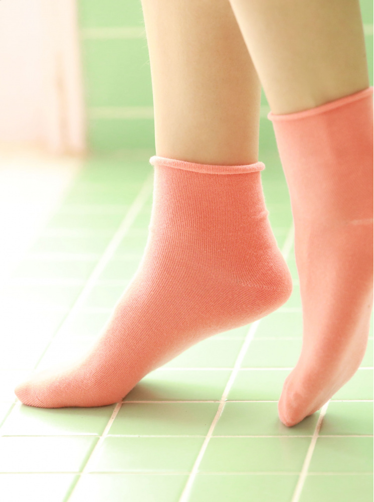 糖果色系捲邊長襪-螢光橘