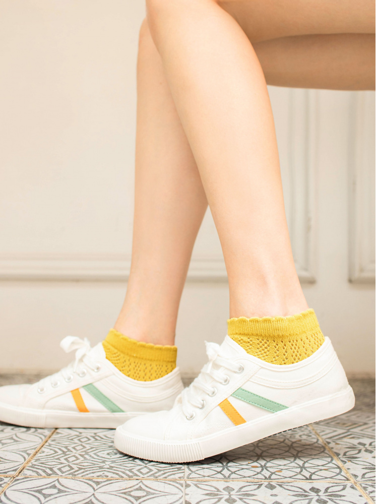 簍空織紋短襪-黃