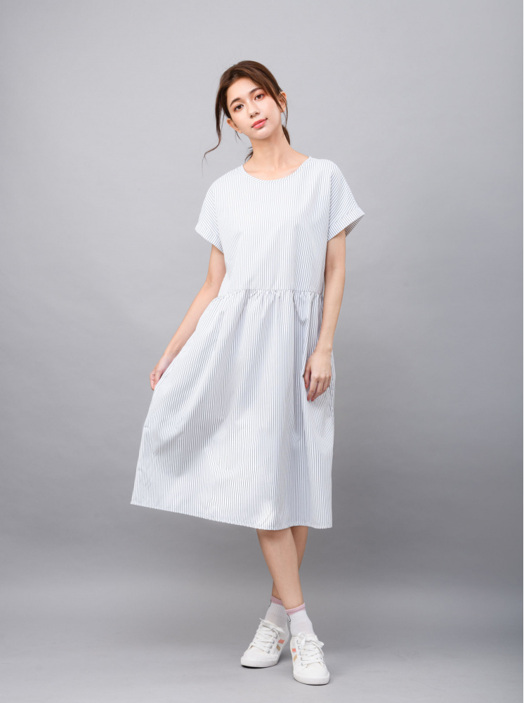 條紋長洋裝-白