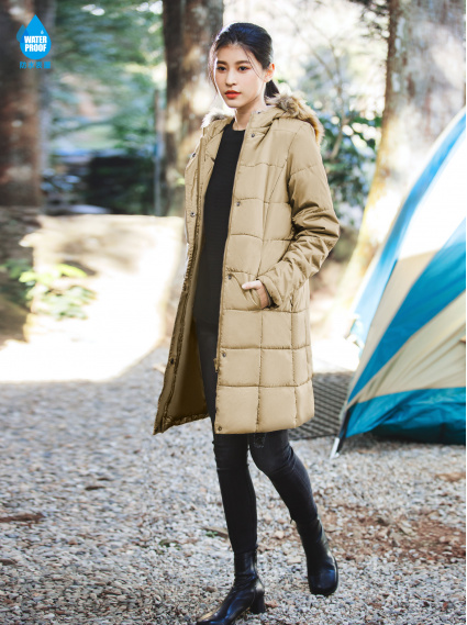 毛領寬版防水羽棉外套-卡其