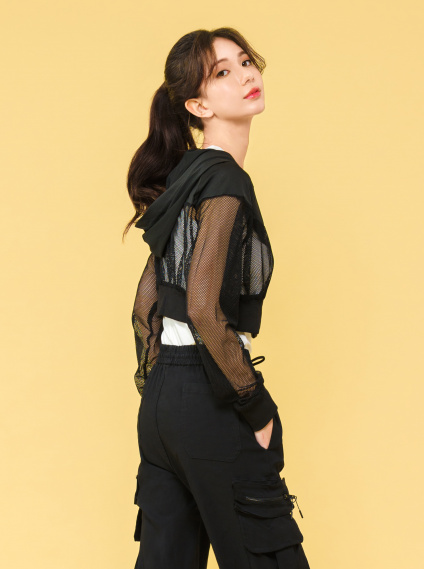 透視拼接網狀外套-黑