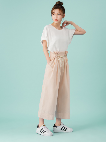 鬆緊拉繩寬鬆褲-杏
