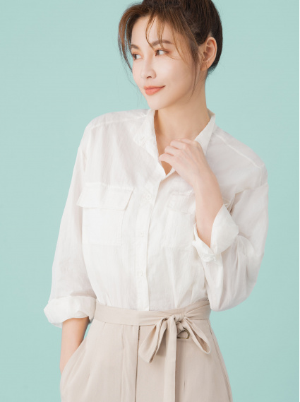 涼感抓皺抽繩襯衫-米白