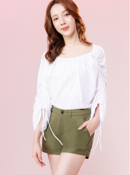 竹節棉寬鬆抽皺袖上衣-本白