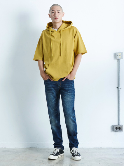 水洗刷色直筒丹寧褲-藍