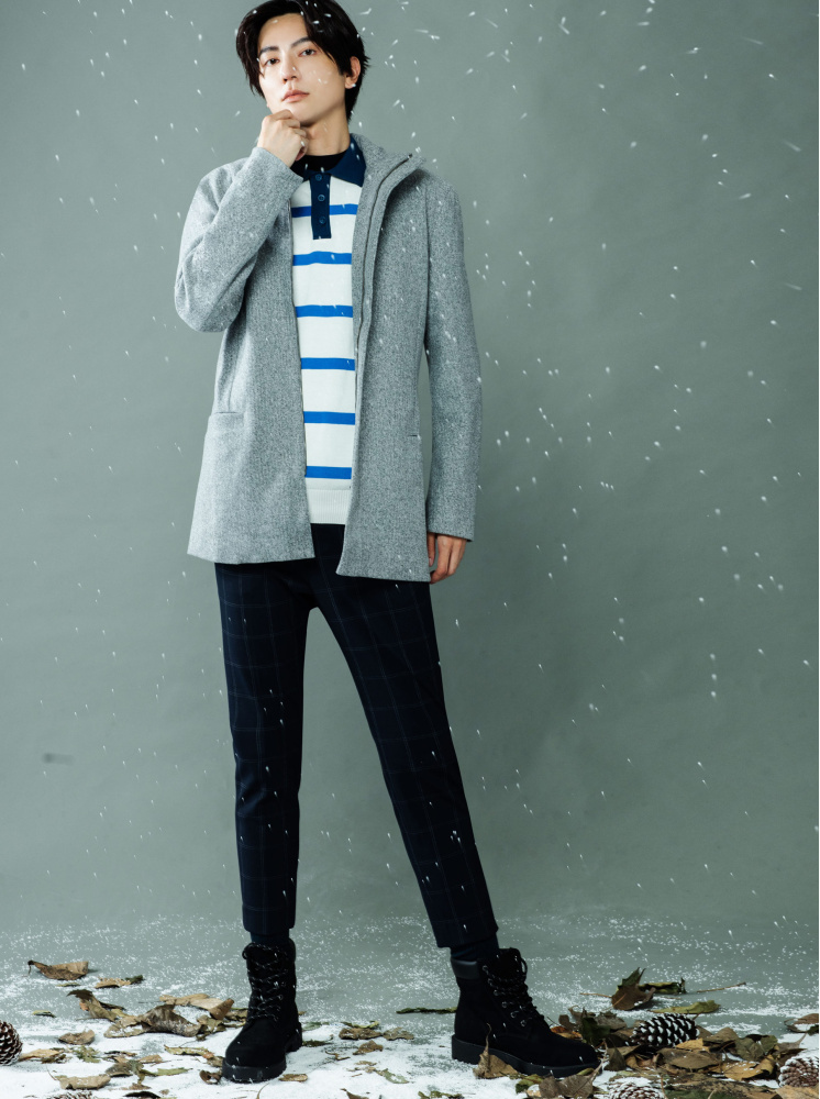 男款小立領合身毛呢外套-淺灰