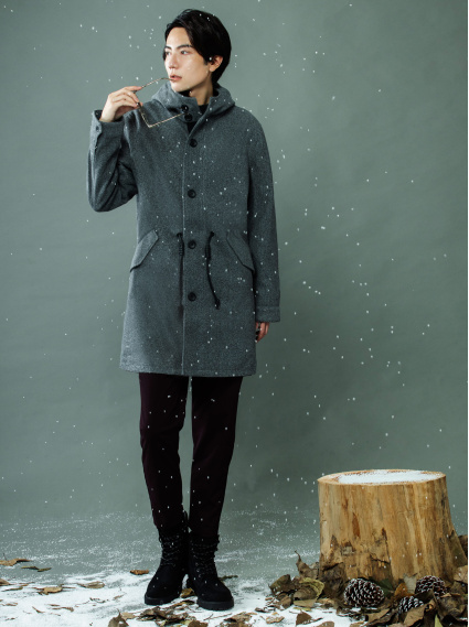 男款腰抽繩連帽毛呢外套-深灰