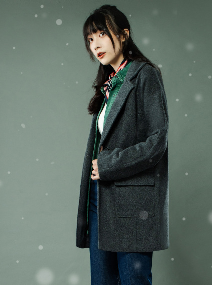 寬鬆大口袋毛呢外套-麻灰