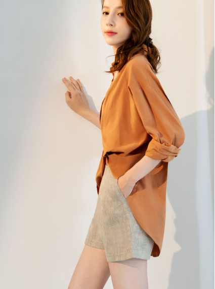 V領前扭結長袖襯衫-橙