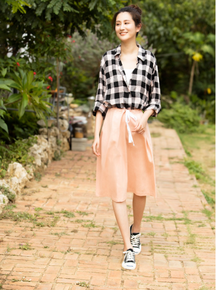 抽繩中長裙-粉橘