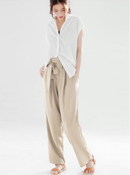 綁帶素面西裝褲-杏